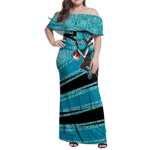 Port Adelaide Australian Football Family Matching Off Shoulder Maxi Dress and Hawaiian Shirt Power Hero Mascot With Indigenous Pattern Art