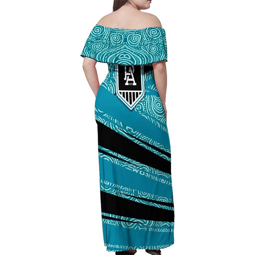 Port Adelaide Australian Football Family Matching Off Shoulder Maxi Dress and Hawaiian Shirt Power Hero Mascot With Indigenous Pattern Art