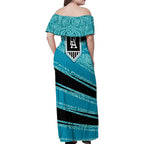 Port Adelaide Australian Football Family Matching Off Shoulder Maxi Dress and Hawaiian Shirt Power Hero Mascot With Indigenous Pattern Art