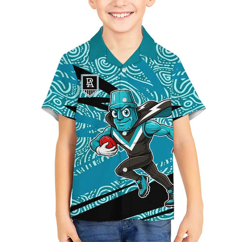 Port Adelaide Australian Football Family Matching Off Shoulder Maxi Dress and Hawaiian Shirt Power Hero Mascot With Indigenous Pattern Art