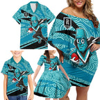 Port Adelaide Australian Football Family Matching Off Shoulder Short Dress and Hawaiian Shirt Power Hero Mascot With Indigenous Pattern Art