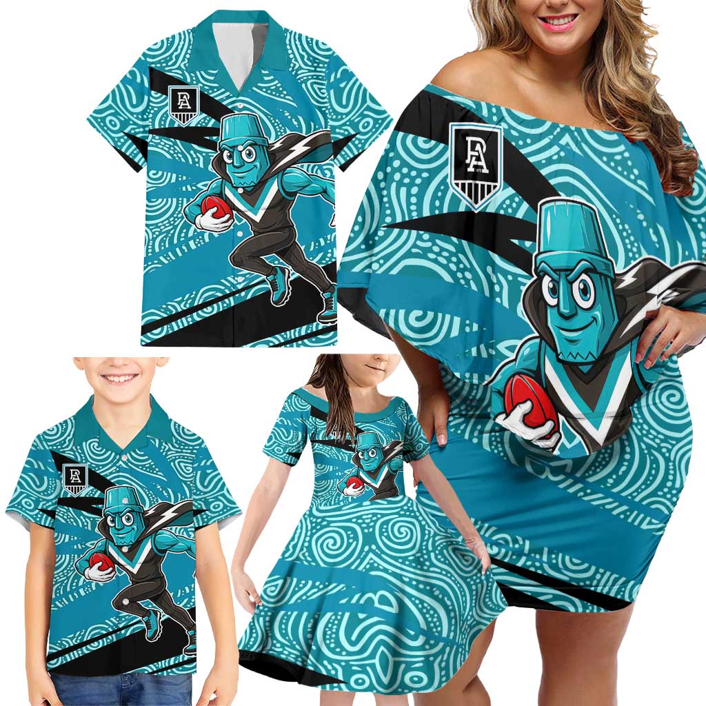 Port Adelaide Australian Football Family Matching Off Shoulder Short Dress and Hawaiian Shirt Power Hero Mascot With Indigenous Pattern Art