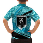 Port Adelaide Australian Football Family Matching Off Shoulder Short Dress and Hawaiian Shirt Power Hero Mascot With Indigenous Pattern Art