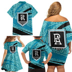 Port Adelaide Australian Football Family Matching Off Shoulder Short Dress and Hawaiian Shirt Power Hero Mascot With Indigenous Pattern Art