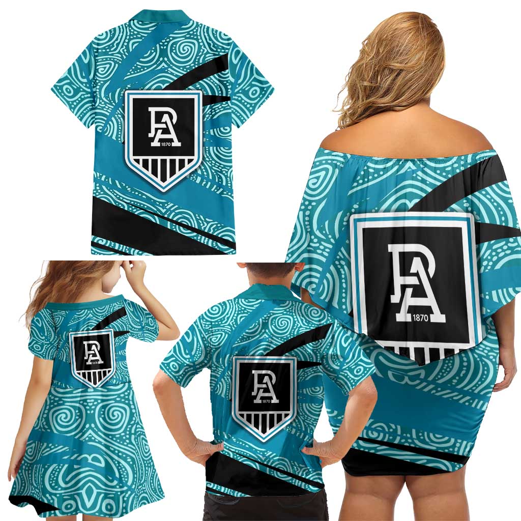 Port Adelaide Australian Football Family Matching Off Shoulder Short Dress and Hawaiian Shirt Power Hero Mascot With Indigenous Pattern Art