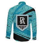 Port Adelaide Australian Football Family Matching Off Shoulder Short Dress and Hawaiian Shirt Power Hero Mascot With Indigenous Pattern Art