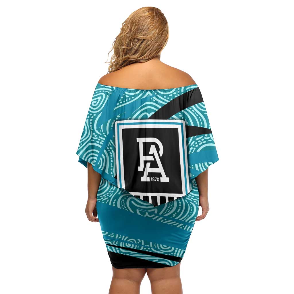 Port Adelaide Australian Football Family Matching Off Shoulder Short Dress and Hawaiian Shirt Power Hero Mascot With Indigenous Pattern Art