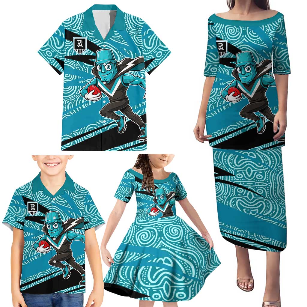 Port Adelaide Australian Football Family Matching Puletasi and Hawaiian Shirt Power Hero Mascot With Indigenous Pattern Art
