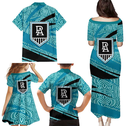 Port Adelaide Australian Football Family Matching Puletasi and Hawaiian Shirt Power Hero Mascot With Indigenous Pattern Art
