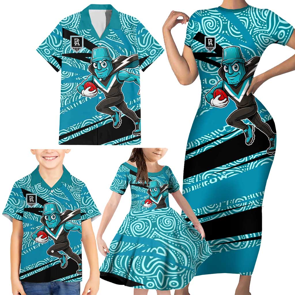 Port Adelaide Australian Football Family Matching Short Sleeve Bodycon Dress and Hawaiian Shirt Power Hero Mascot With Indigenous Pattern Art