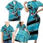 Port Adelaide Australian Football Family Matching Short Sleeve Bodycon Dress and Hawaiian Shirt Power Hero Mascot With Indigenous Pattern Art