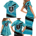 Port Adelaide Australian Football Family Matching Short Sleeve Bodycon Dress and Hawaiian Shirt Power Hero Mascot With Indigenous Pattern Art
