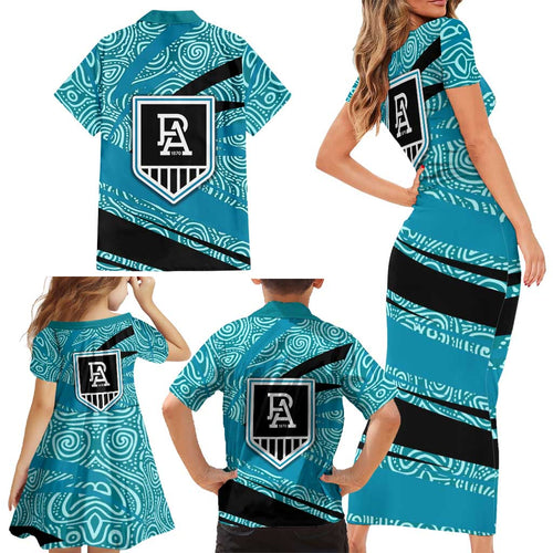 Port Adelaide Australian Football Family Matching Short Sleeve Bodycon Dress and Hawaiian Shirt Power Hero Mascot With Indigenous Pattern Art