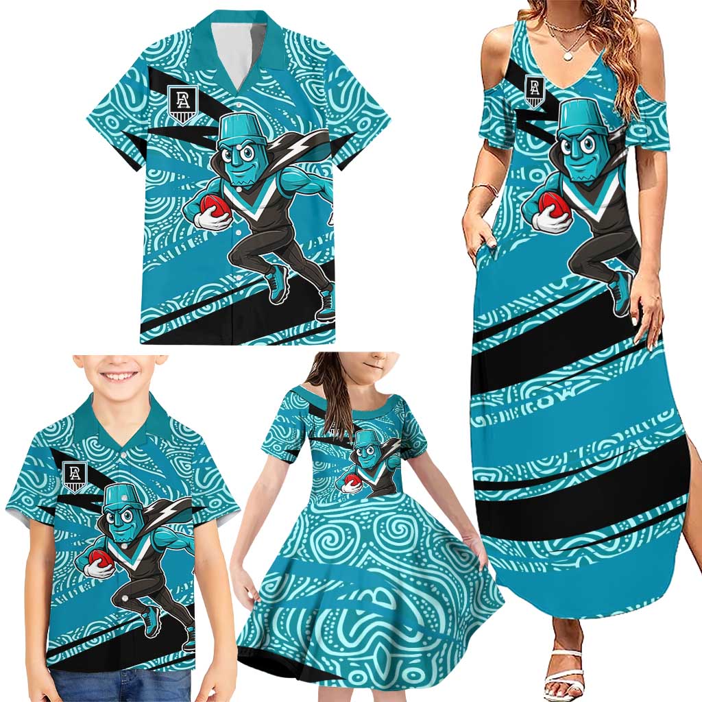 Port Adelaide Australian Football Family Matching Summer Maxi Dress and Hawaiian Shirt Power Hero Mascot With Indigenous Pattern Art