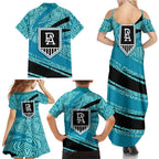 Port Adelaide Australian Football Family Matching Summer Maxi Dress and Hawaiian Shirt Power Hero Mascot With Indigenous Pattern Art