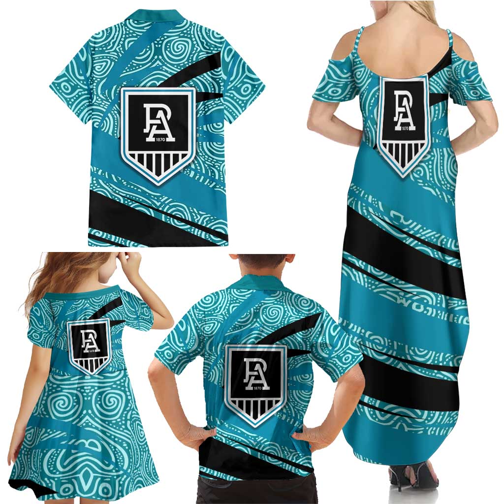 Port Adelaide Australian Football Family Matching Summer Maxi Dress and Hawaiian Shirt Power Hero Mascot With Indigenous Pattern Art