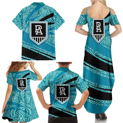 Port Adelaide Australian Football Family Matching Summer Maxi Dress and Hawaiian Shirt Power Hero Mascot With Indigenous Pattern Art