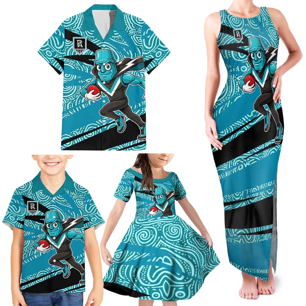 Port Adelaide Australian Football Family Matching Tank Maxi Dress and Hawaiian Shirt Power Hero Mascot With Indigenous Pattern Art