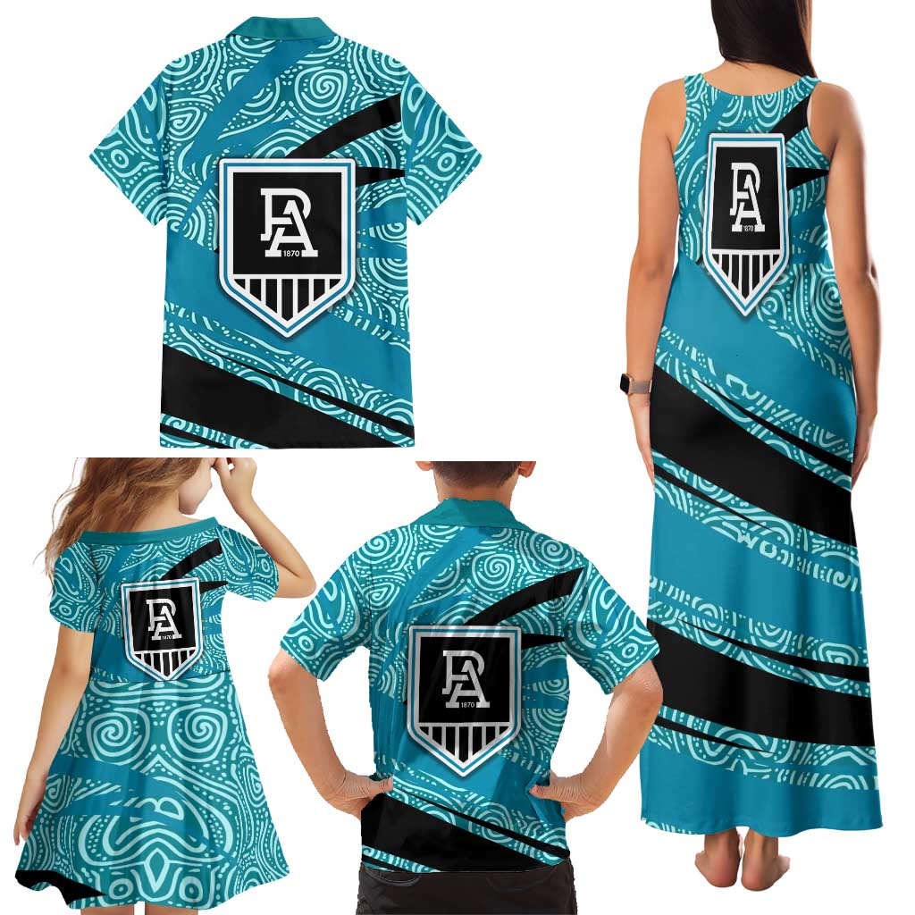 Port Adelaide Australian Football Family Matching Tank Maxi Dress and Hawaiian Shirt Power Hero Mascot With Indigenous Pattern Art