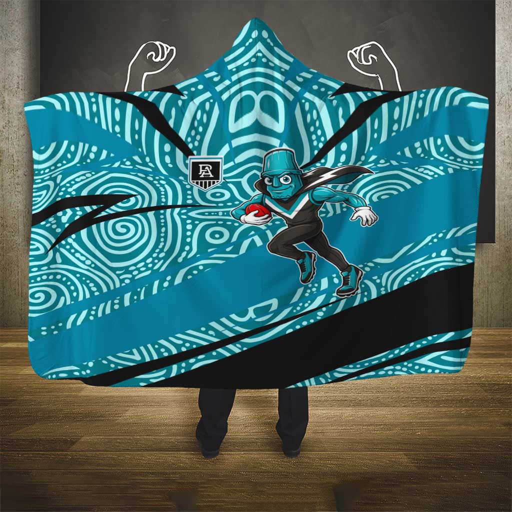 Port Adelaide Australian Football Hooded Blanket Power Hero Mascot With Indigenous Pattern Art