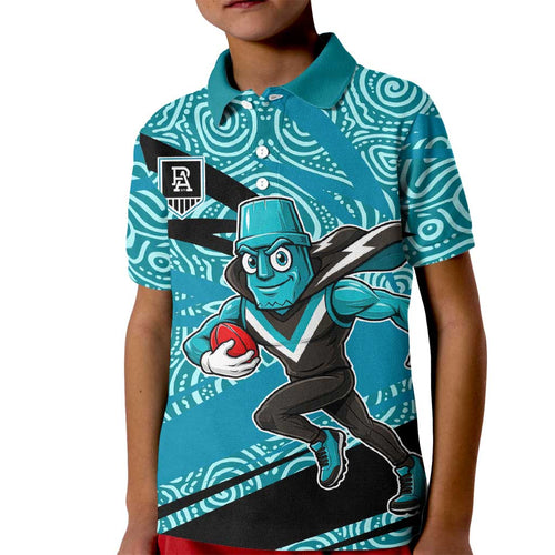 Port Adelaide Australian Football Kid Polo Shirt Power Hero Mascot With Indigenous Pattern Art