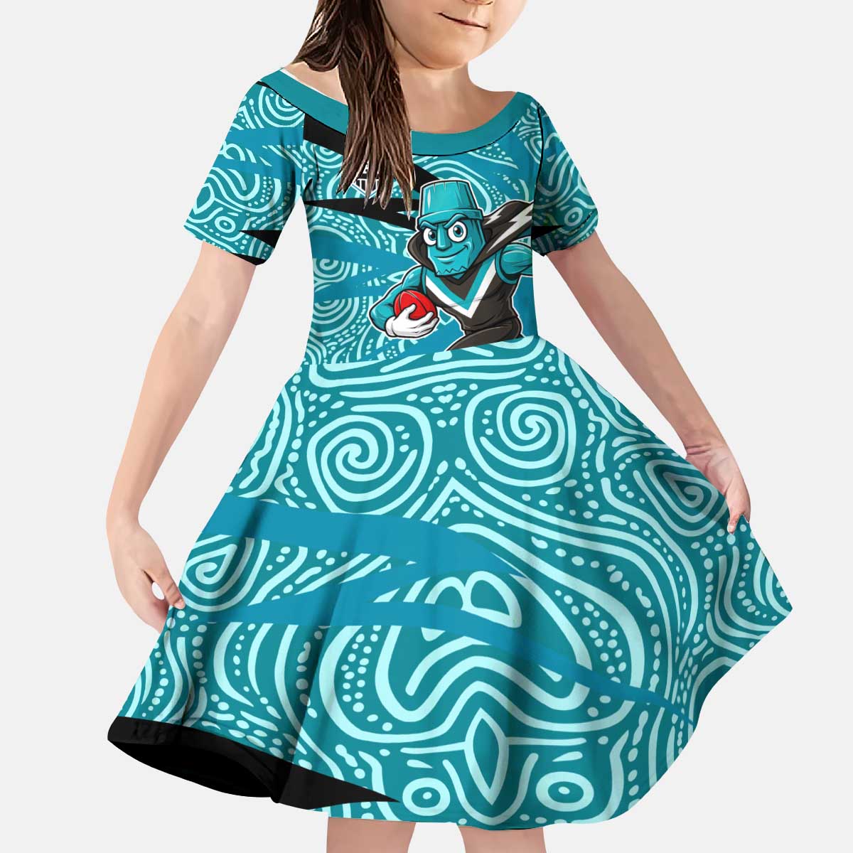 Port Adelaide Australian Football Kid Short Sleeve Dress Power Hero Mascot With Indigenous Pattern Art