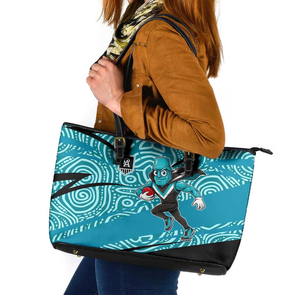 Port Adelaide Australian Football Leather Tote Bag Power Hero Mascot With Indigenous Pattern Art