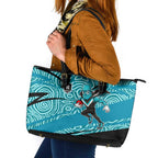 Port Adelaide Australian Football Leather Tote Bag Power Hero Mascot With Indigenous Pattern Art