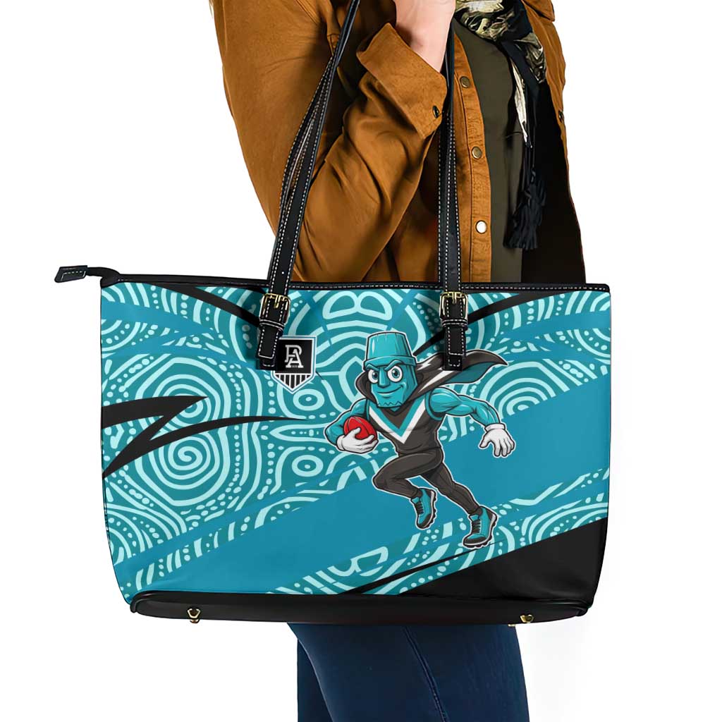 Port Adelaide Australian Football Leather Tote Bag Power Hero Mascot With Indigenous Pattern Art