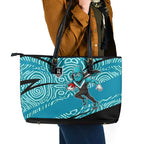 Port Adelaide Australian Football Leather Tote Bag Power Hero Mascot With Indigenous Pattern Art