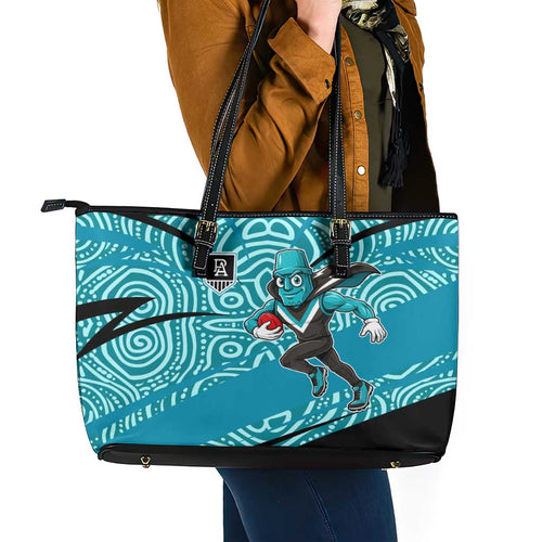 Port Adelaide Australian Football Leather Tote Bag Power Hero Mascot With Indigenous Pattern Art