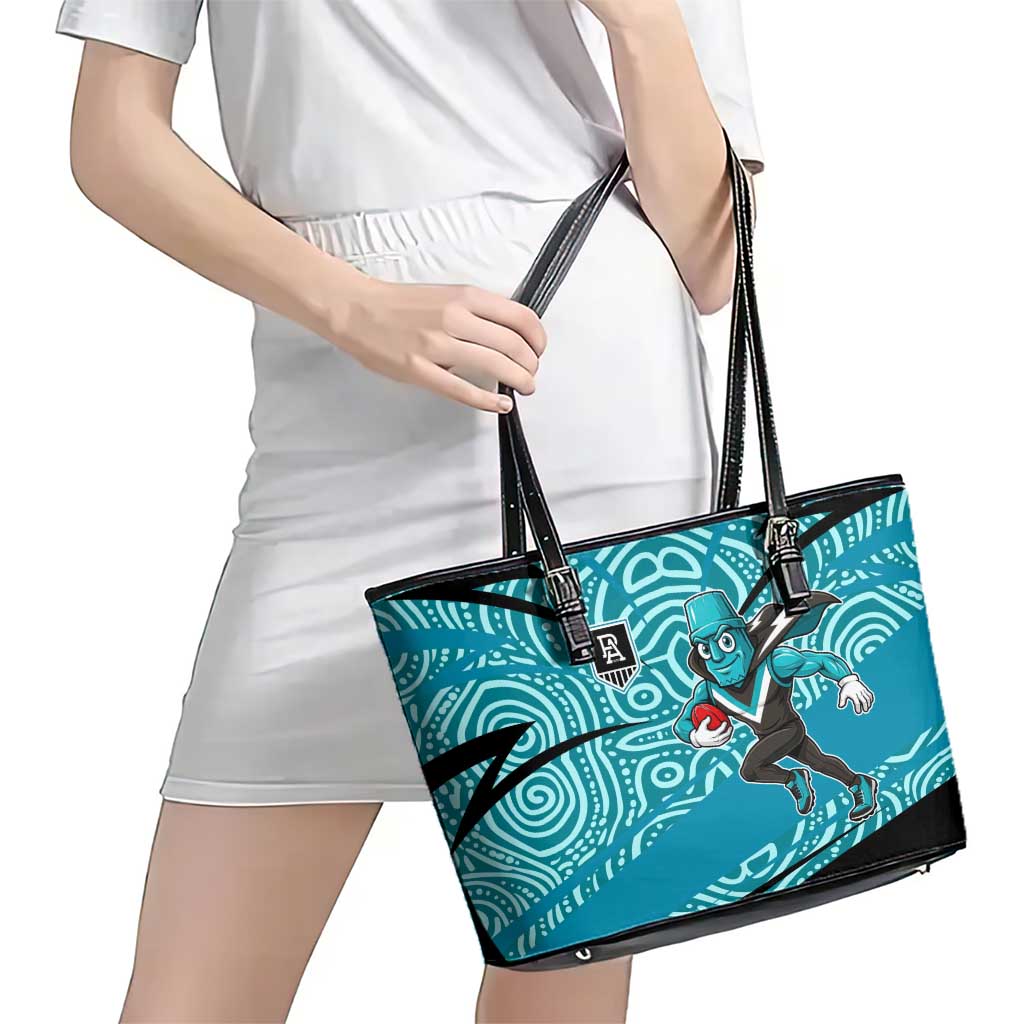 Port Adelaide Australian Football Leather Tote Bag Power Hero Mascot With Indigenous Pattern Art