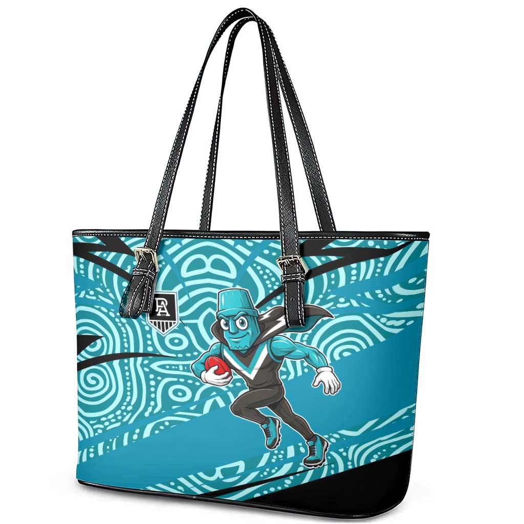 Port Adelaide Australian Football Leather Tote Bag Power Hero Mascot With Indigenous Pattern Art