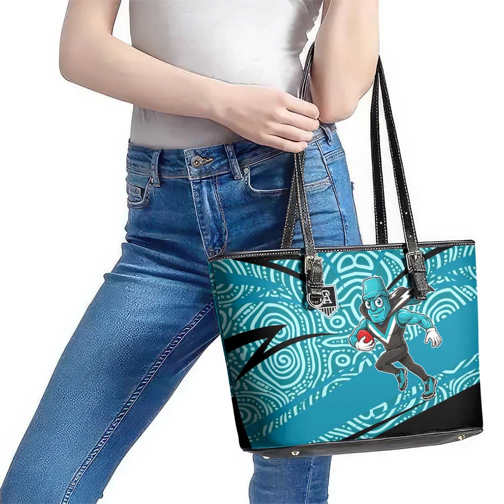 Port Adelaide Australian Football Leather Tote Bag Power Hero Mascot With Indigenous Pattern Art