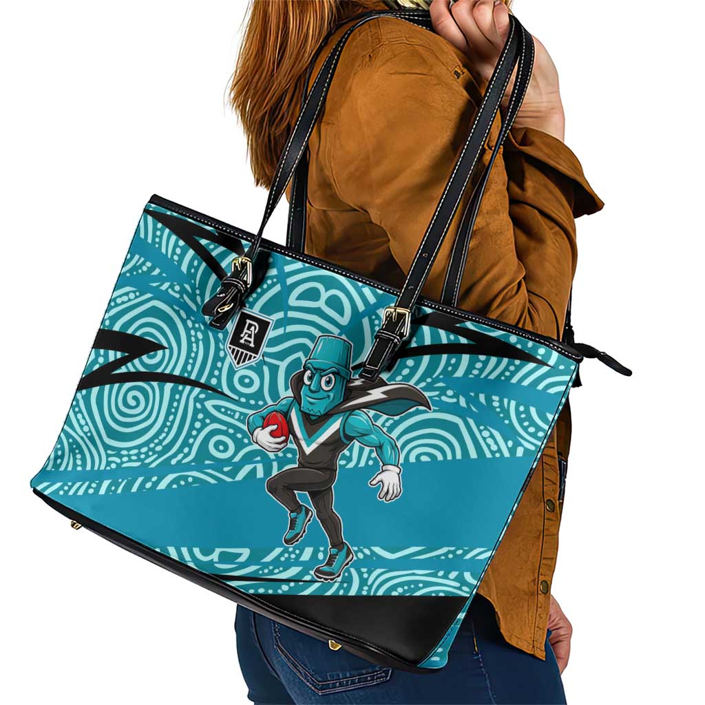 Port Adelaide Australian Football Leather Tote Bag Power Hero Mascot With Indigenous Pattern Art