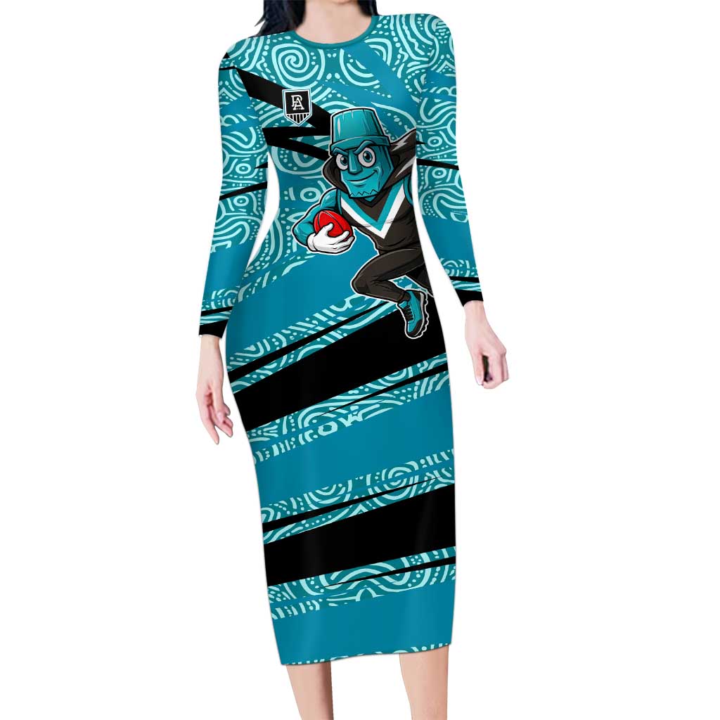 Port Adelaide Australian Football Long Sleeve Bodycon Dress Power Hero Mascot With Indigenous Pattern Art