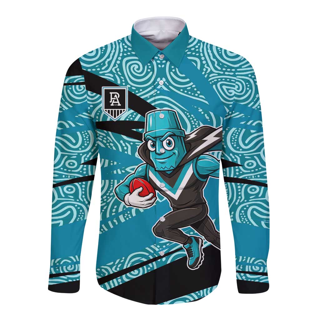 Port Adelaide Australian Football Long Sleeve Button Shirt Power Hero Mascot With Indigenous Pattern Art