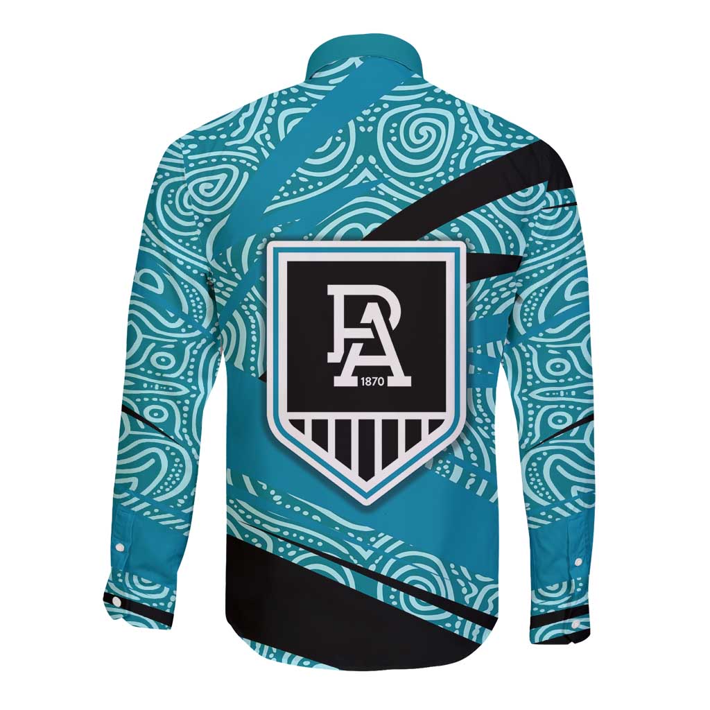 Port Adelaide Australian Football Long Sleeve Button Shirt Power Hero Mascot With Indigenous Pattern Art