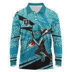 Port Adelaide Australian Football Long Sleeve Polo Shirt Power Hero Mascot With Indigenous Pattern Art