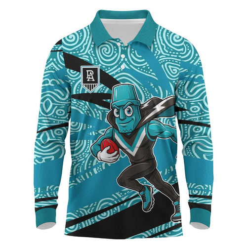 Port Adelaide Australian Football Long Sleeve Polo Shirt Power Hero Mascot With Indigenous Pattern Art