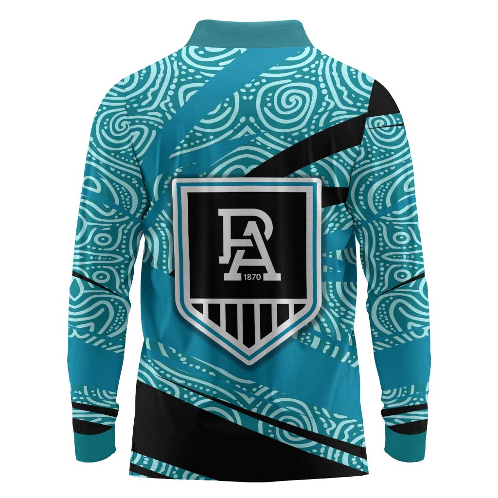 Port Adelaide Australian Football Long Sleeve Polo Shirt Power Hero Mascot With Indigenous Pattern Art
