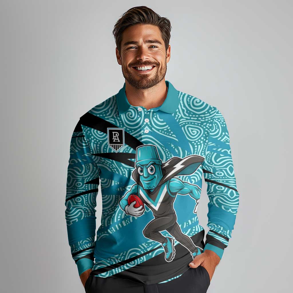 Port Adelaide Australian Football Long Sleeve Polo Shirt Power Hero Mascot With Indigenous Pattern Art