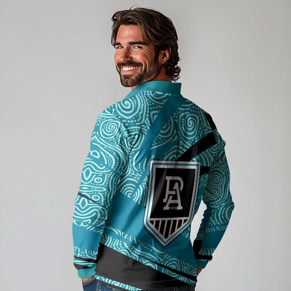 Port Adelaide Australian Football Long Sleeve Polo Shirt Power Hero Mascot With Indigenous Pattern Art