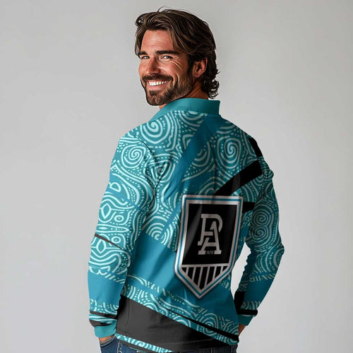 Port Adelaide Australian Football Long Sleeve Polo Shirt Power Hero Mascot With Indigenous Pattern Art