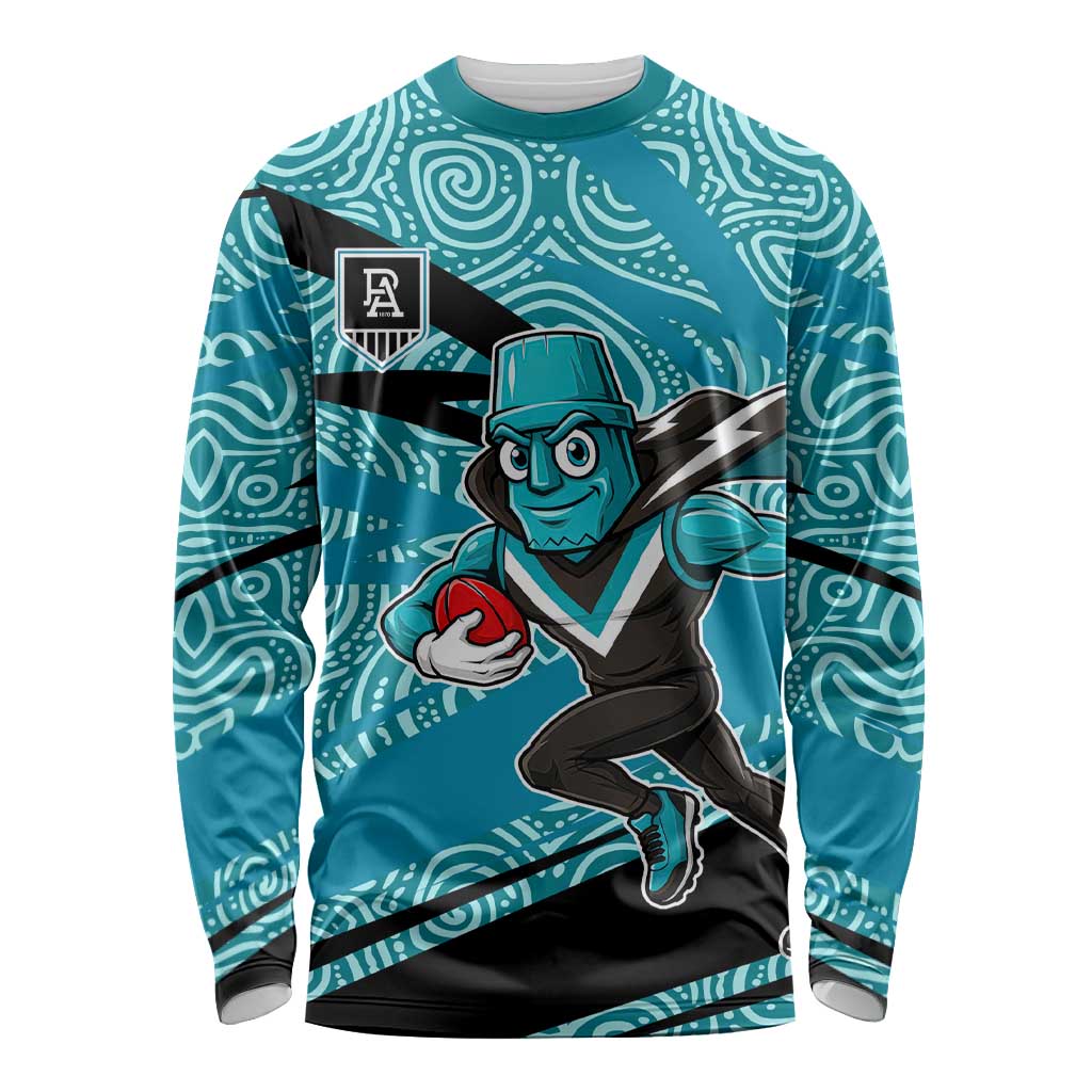 Port Adelaide Australian Football Long Sleeve Shirt Power Hero Mascot With Indigenous Pattern Art