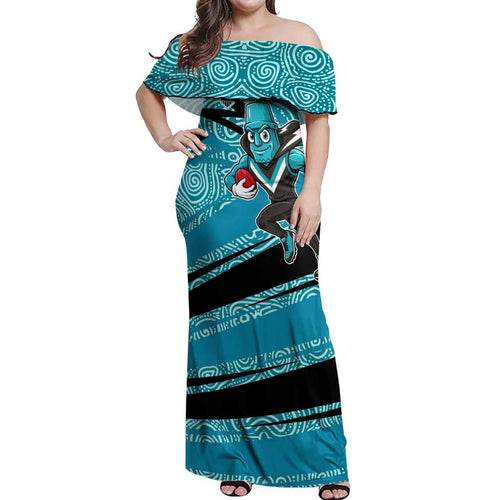 Port Adelaide Australian Football Off Shoulder Maxi Dress Power Hero Mascot With Indigenous Pattern Art