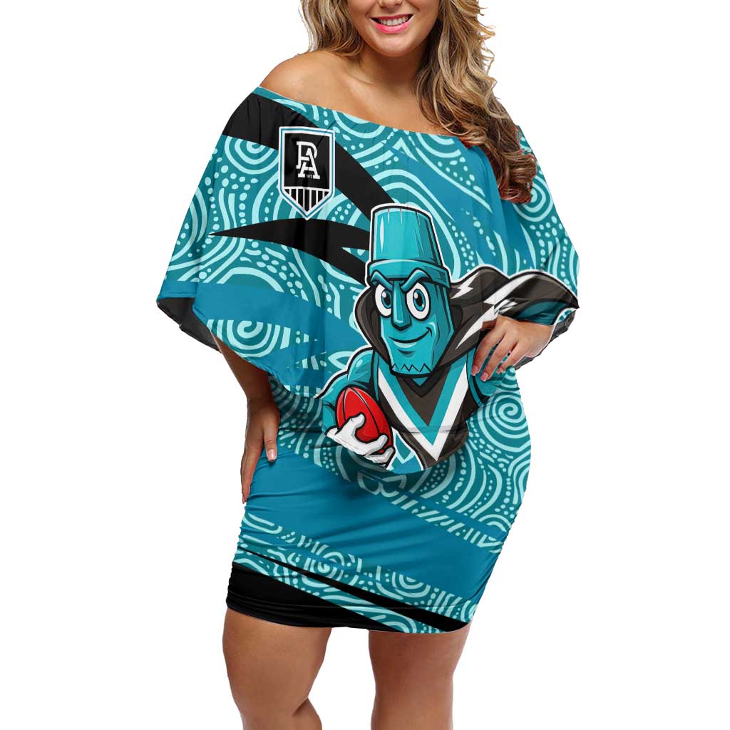 Port Adelaide Australian Football Off Shoulder Short Dress Power Hero Mascot With Indigenous Pattern Art