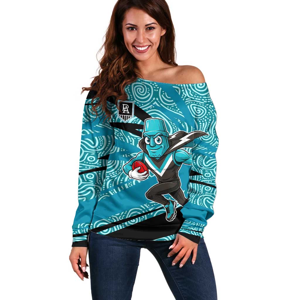Port Adelaide Australian Football Off Shoulder Sweater Power Hero Mascot With Indigenous Pattern Art