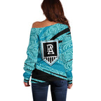 Port Adelaide Australian Football Off Shoulder Sweater Power Hero Mascot With Indigenous Pattern Art