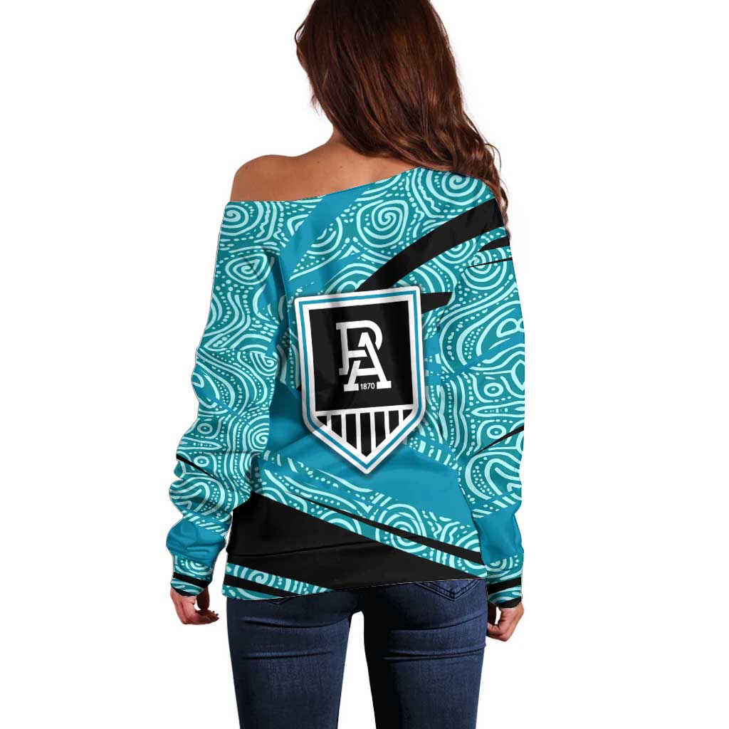Port Adelaide Australian Football Off Shoulder Sweater Power Hero Mascot With Indigenous Pattern Art